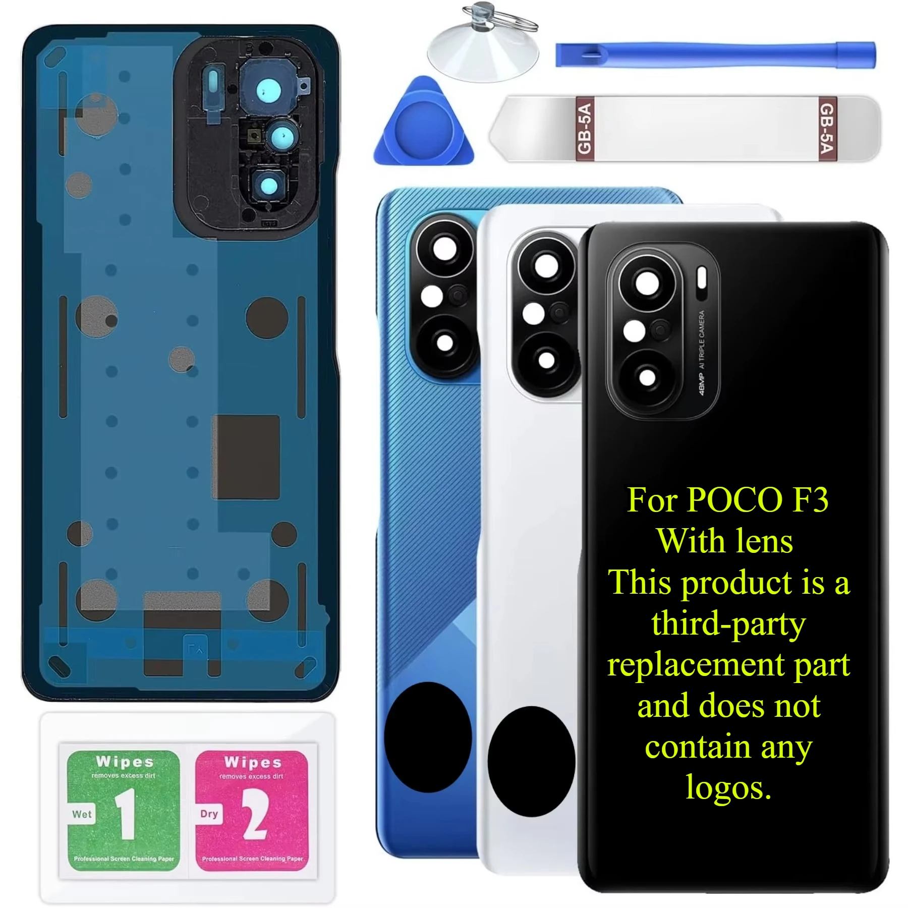 Black Glass Back Cover Compatible For MI Poco F3 M2012K11AG, Aftermarket Replacement Spare Part