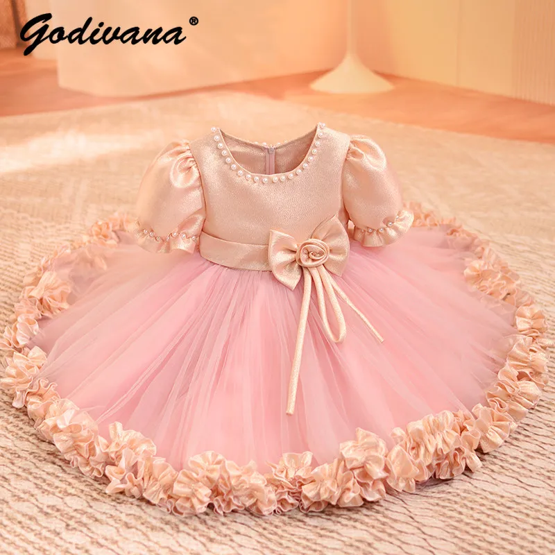 

Sweet Girls 2026 New Summer Pink Princess Dress Childrens Puff Sleeve Pearls Neck Bow Mesh Patchwork Ruffle Hem Party Ball Gown