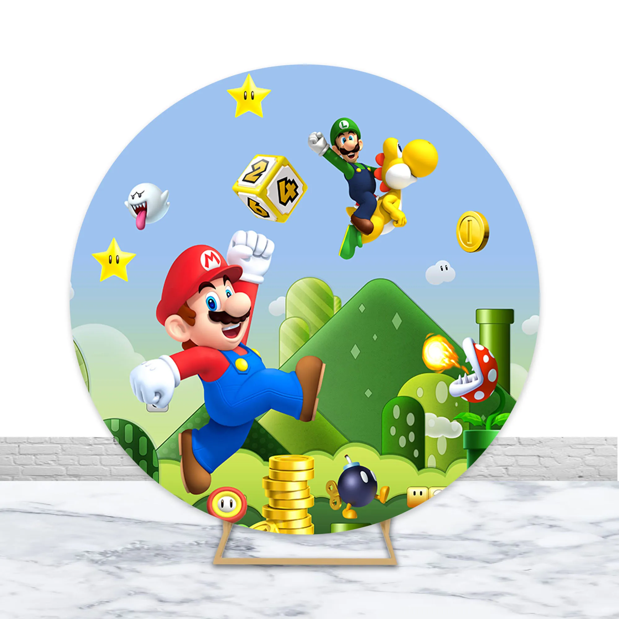 Super Mario Bros Round Backdrop Boys Birthday Party Decoration Cylinder Cover Polyester Photography Background Baby Shower Props