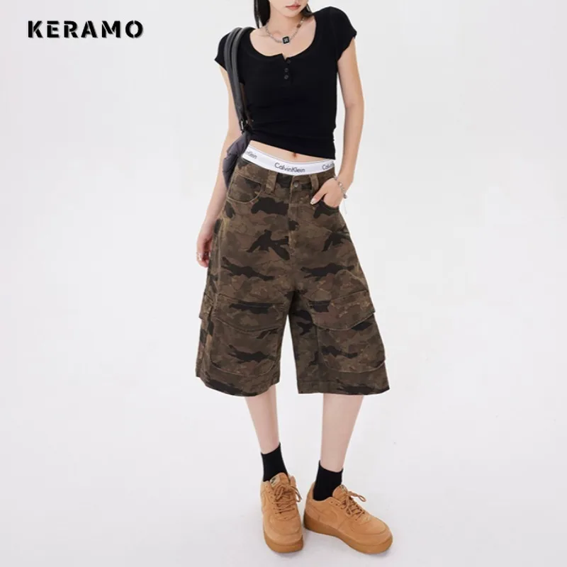 Y2K Baggy Camouflage 2000s Denim Shorts Women's Washed Vintage Casual Shorts High Street Retro High Waist Pockets Trashy Jeans