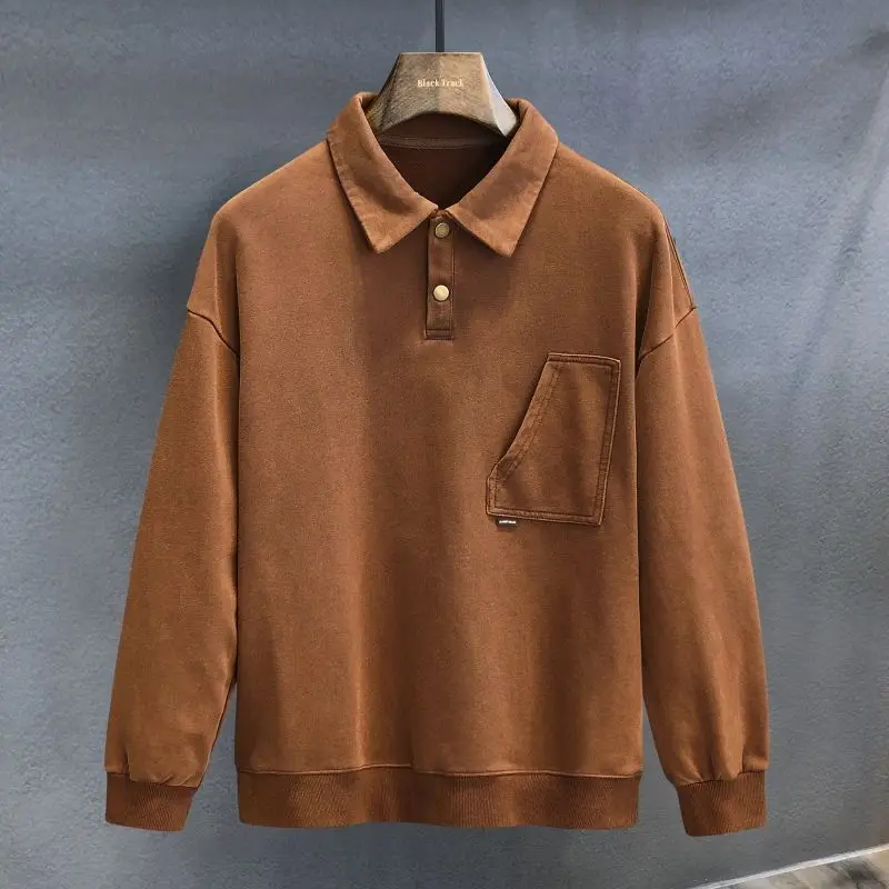 Maglione con collo a Polo retrò lavato resistente Super strutturato autunno da uomo nuova tendenza americana Top da uomo in stile giapponese All-match