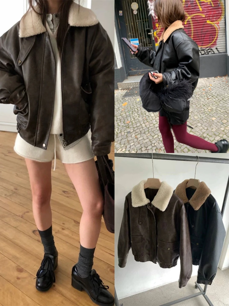 

Retro Sle Women's Leather Jaet with Lamb Fur Collar Loose Fit Cool Biker Sle Zipper ort Coat Spring Autumn Faion