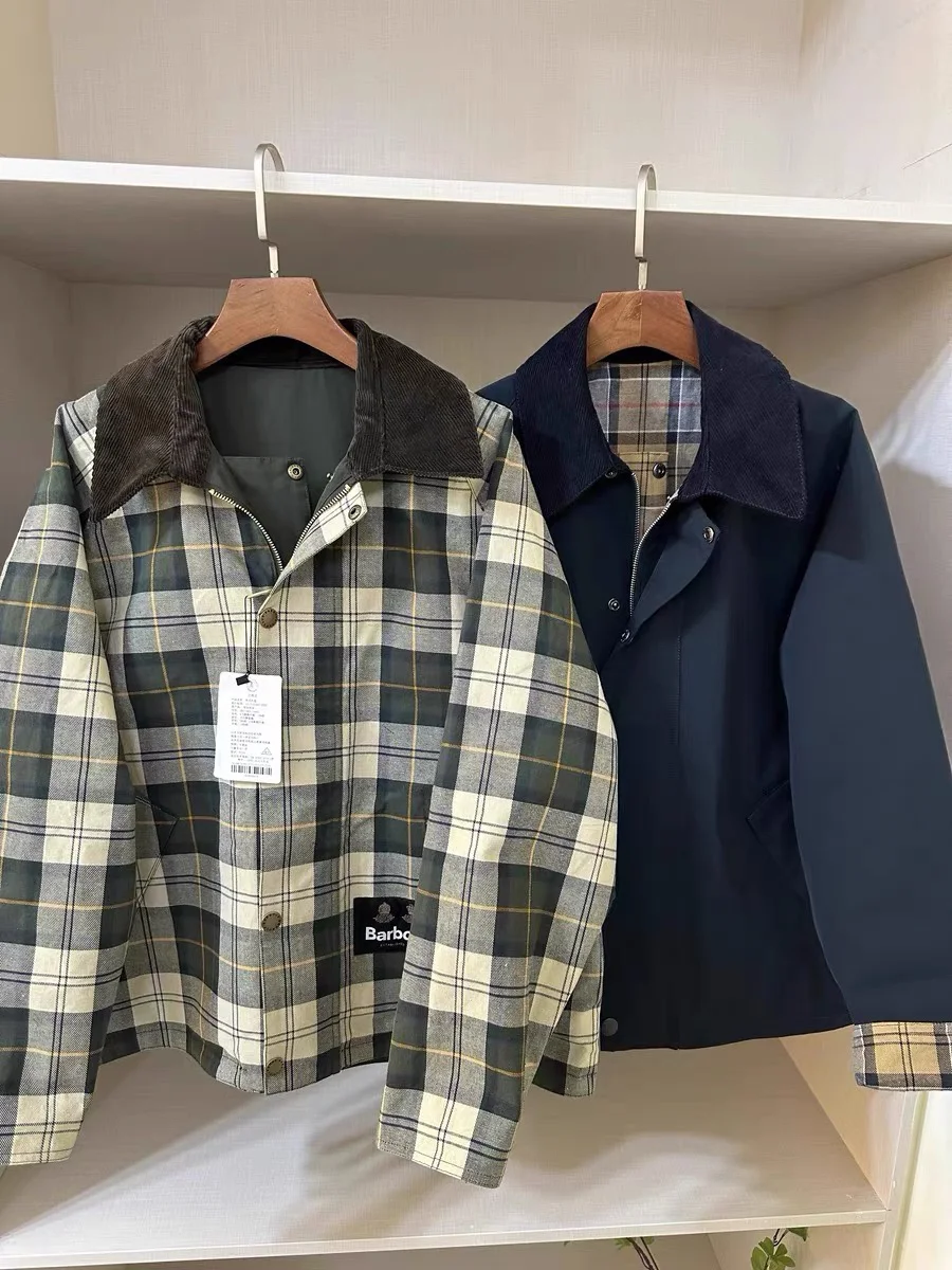 Barbour reversible classic sage vintage plaid unisex unwaxed jacket coat parka short windretro version is looser and the hem has