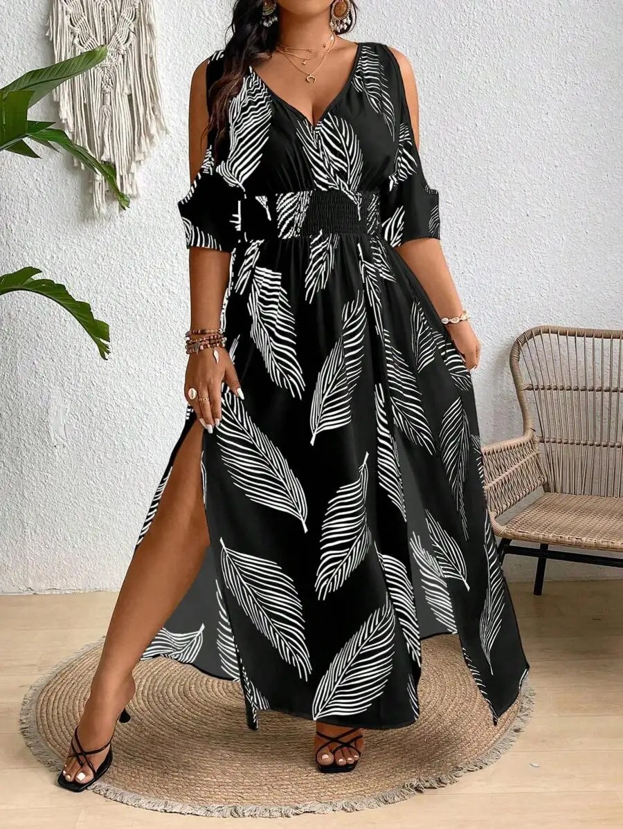 

Plus Size Tropical Print Cold Shoulder Split Thigh Maxi Dress For Summer