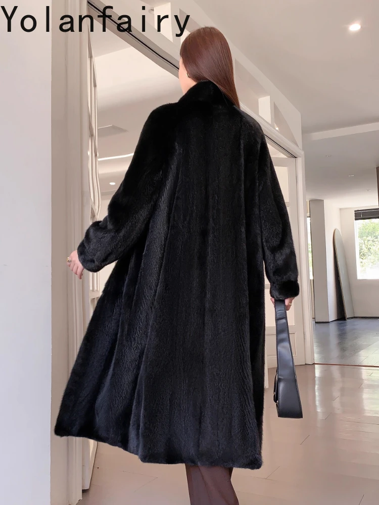 YOLANFAIRY معطف فرو طبيعي فاخر سترات منك للنساء شتاء 2025 معاطف فرو أسود حقيقي متوسط الطول من المينك الكامل بياقة واقفة