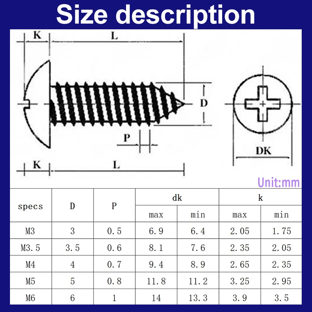 M2 M3 M3.5 M4 M5 M6 Phillips Truss Head Screw 304 Stainless Steel Cross Recessed Mushroom Head Self Tapping Screws 5pcs-200pcs
