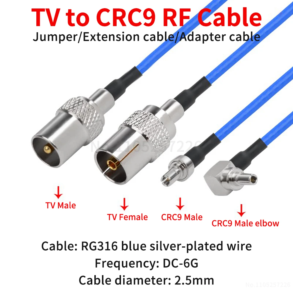 

Кабель-удлинитель для ТВ с разъемом CRC9 (мужской/женский) (ультрагибкий радиочастотный удлинительный кабель RG316 синего цвета) (1 шт.)
