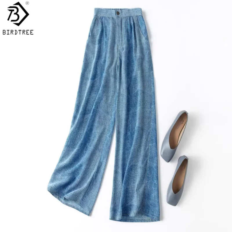 

Birdtree, 16MM 100% Real Silk Printed Pants, Women's Double Crepe Straight Trousers, Elastic Waist, 2026 Spring New P63013JF