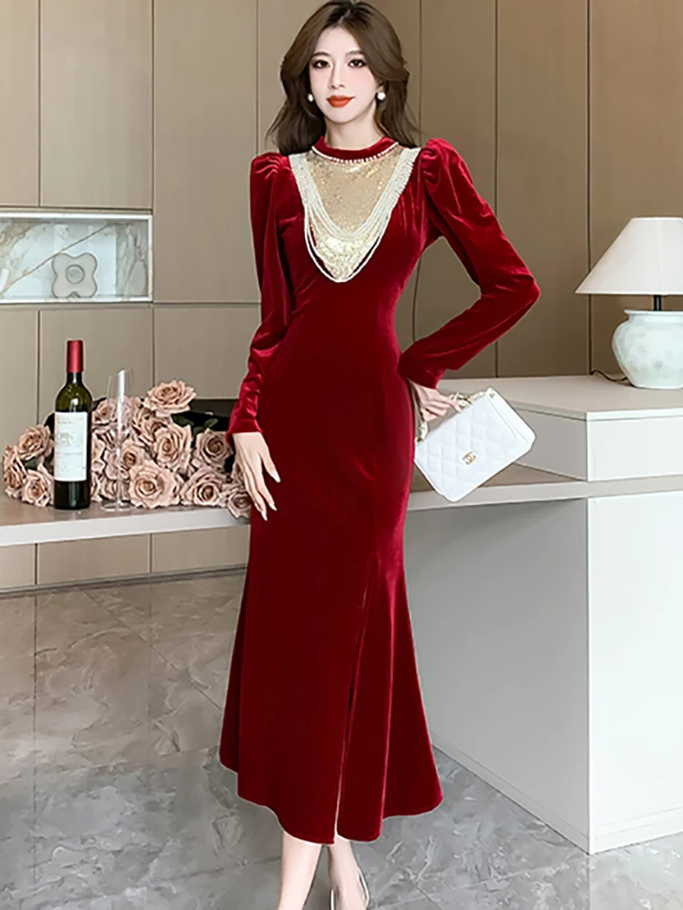 

Women Red Velvet Patchwork Beading Luxury Eveing Dress 2024 Korean Vintage Hepburn Dress Autumn Winter Elegant Bodycon Vestidos