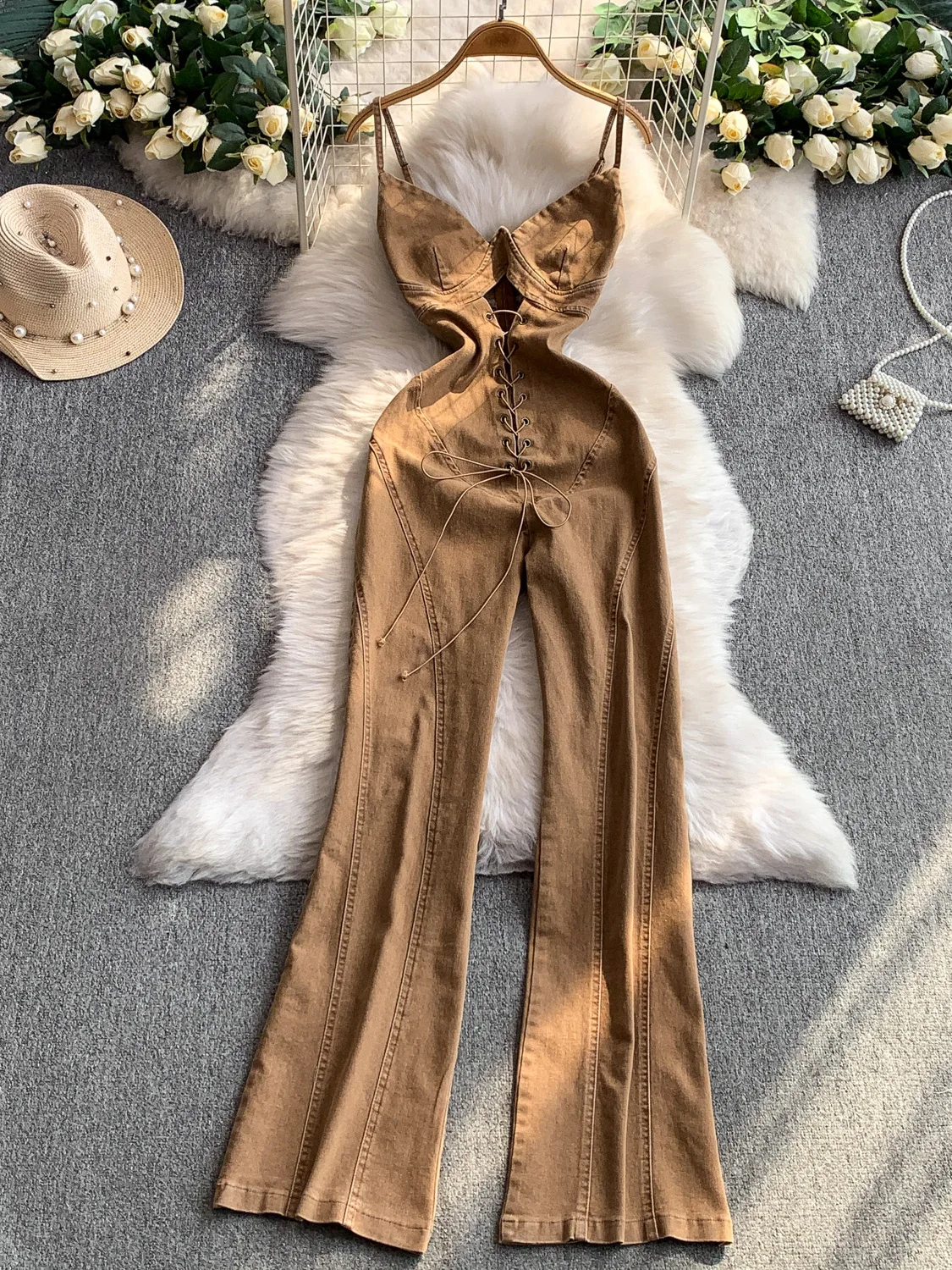 

Sexy Wind Tie-Dye Hollow V-Ne Denim ter One-Piece Pants Women's Autumn Waist-Cinching Slim Wide Leg Bell Bot