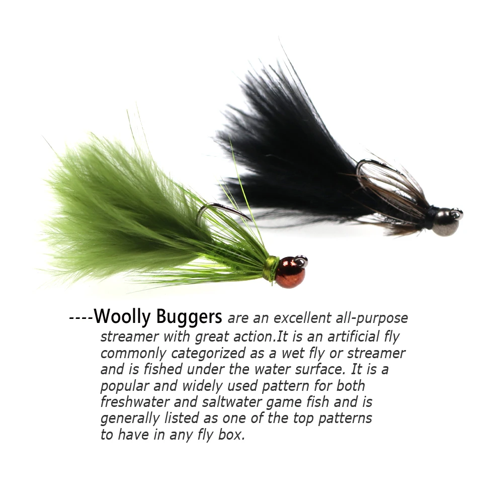 Wifreo 6PCS #12 Tungsten Beadhead Jig Woolly Bugger Streamers Fly for Trout Salmon Pike Bass Fishing Lures Bait Olive Black