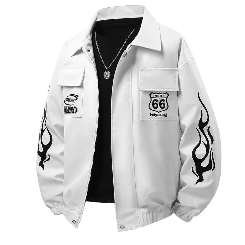 

2025 Autumn Men Leather Jacket Letter Printed Pocket Long Sleeve Male Outerwear Motorcycle Punk Turn Down Collar Man Coat