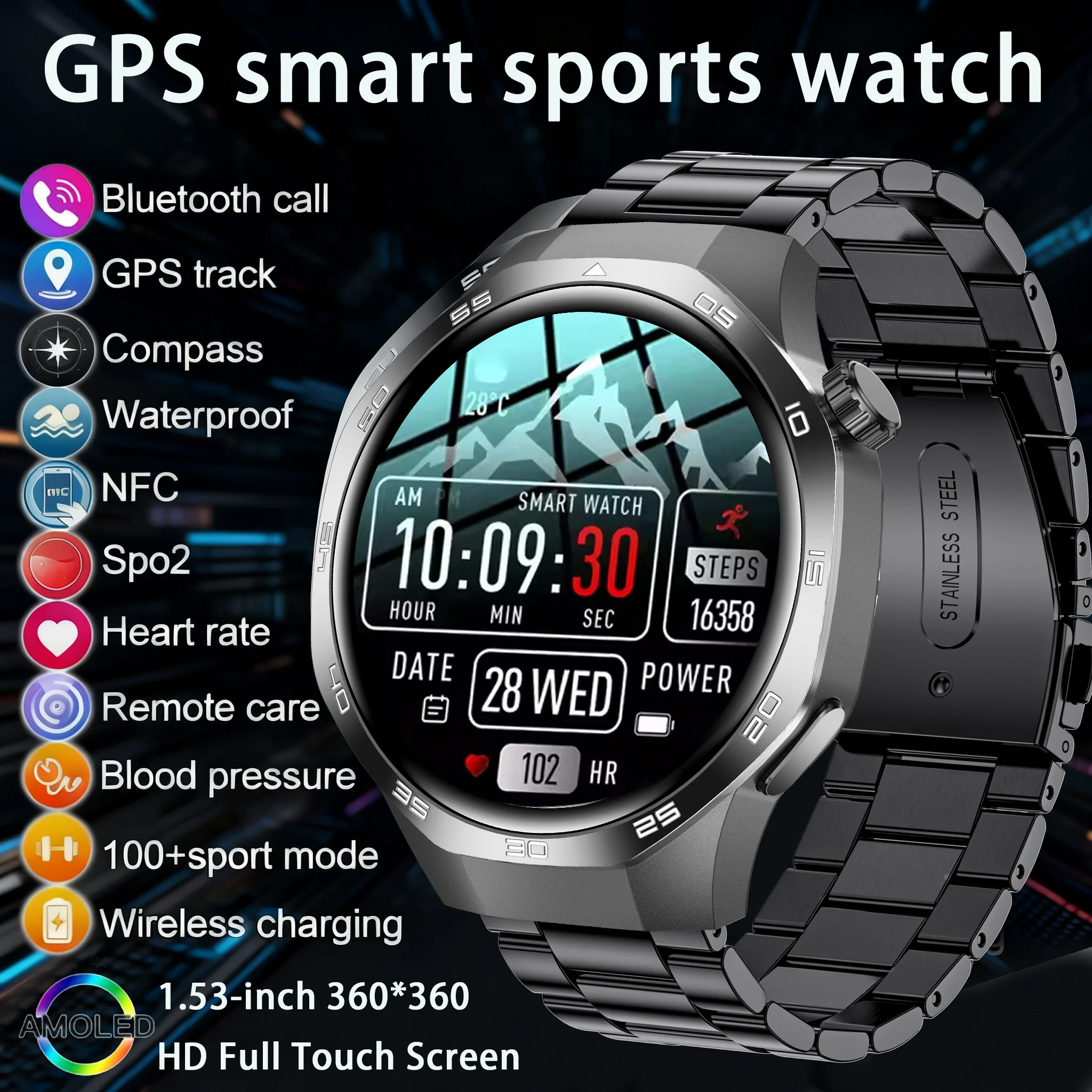 

2025 New High-end GPS Smartwatches Sapphire Glass Screen Build-in GPS Compass Men 3ATM Waterproof Sports Smart Watch