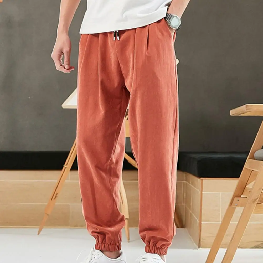 Men Pants Pure Color Simple Drawstring Casual Spring Trousers for School