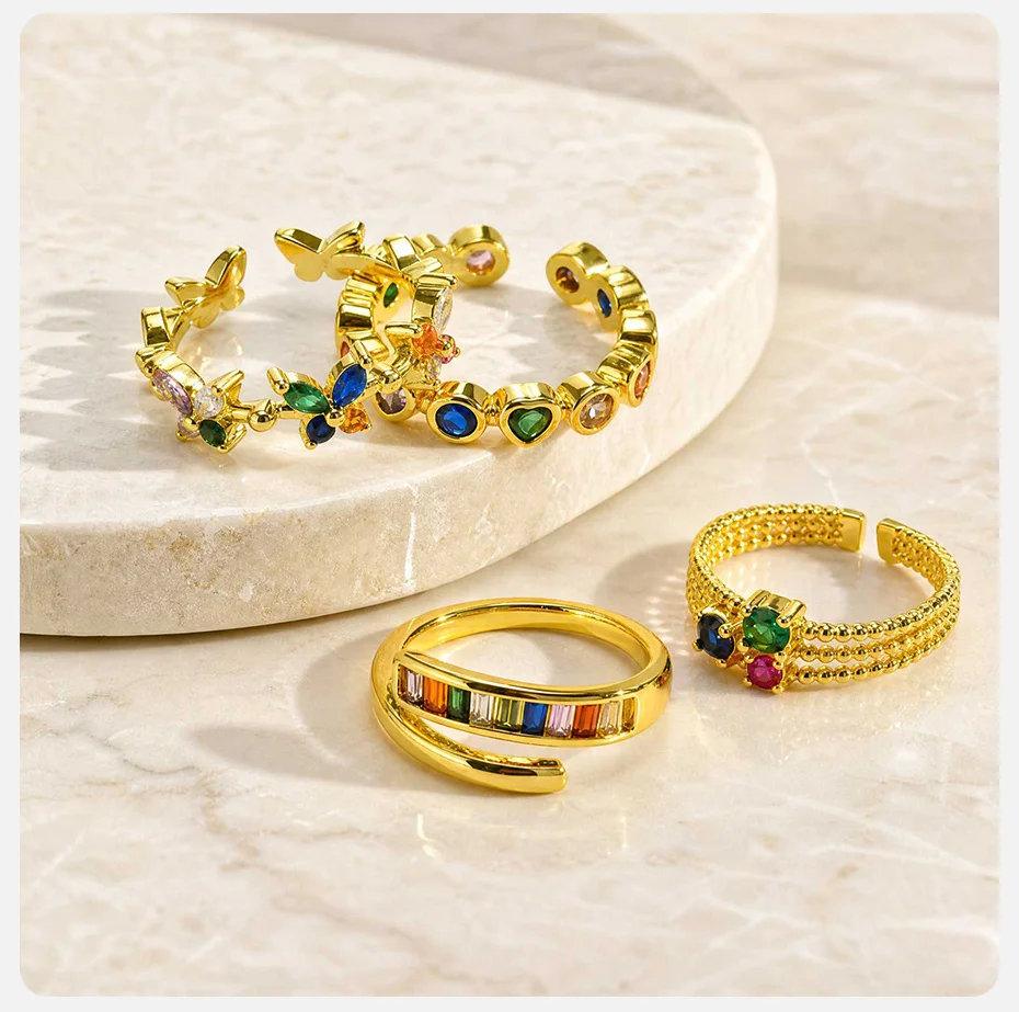 Vnox Elegante Bunte Zirkonia-Schmetterlings-Herz-Öffnungsringe für Frauen, Vergoldet, Stapelbare Glänzende Kristallringe, Partyschmuck – Detail 5