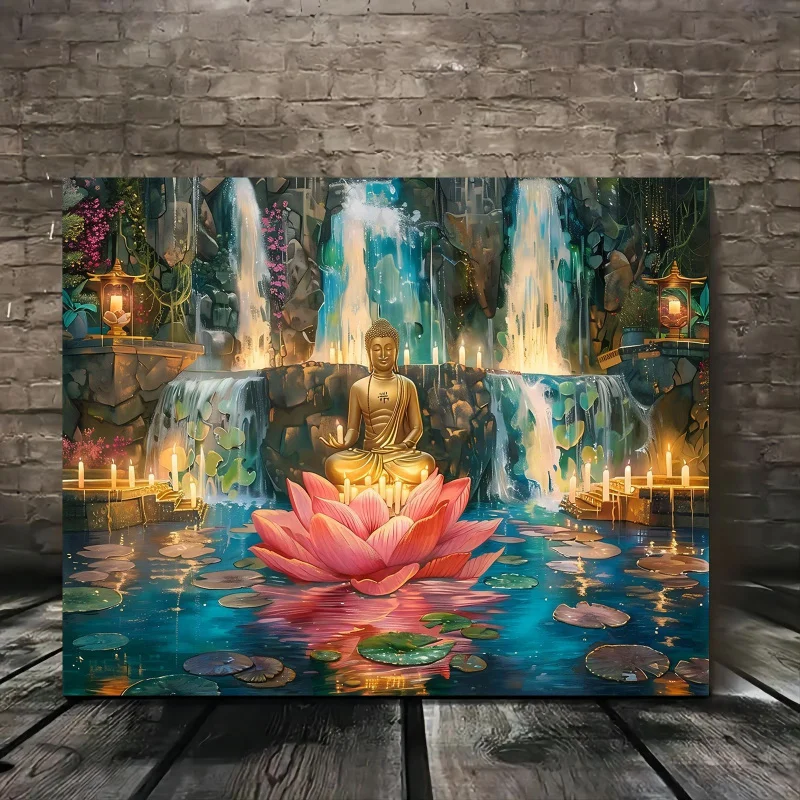 Zen-Inspired Canvas Art with Lotus Buddha - Wooden Framed Wall Decor featuring Candles & Flowers, Ideal for Living Room