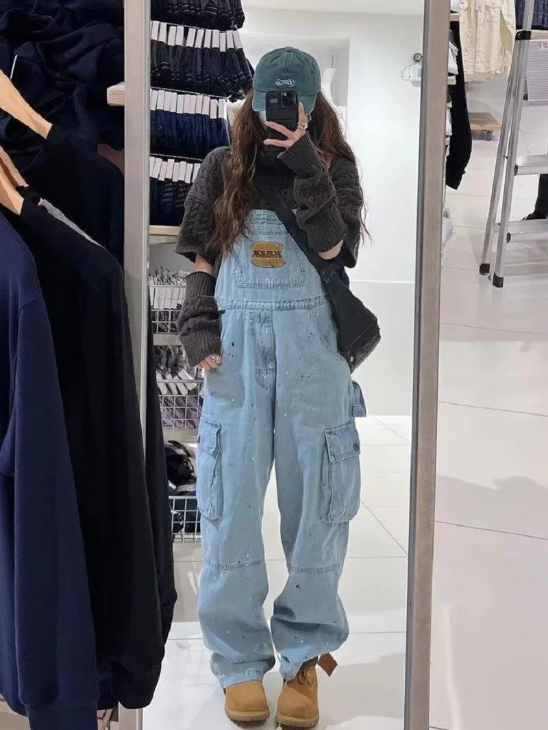 New Cool Girl Style Embroidered Spicy Ink Denim Strap Jumpsuits Women's Autumn/Winter Large Loose and Slim Retro One Piece Pants