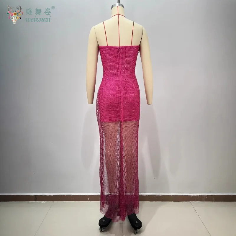 2025 Rosa nuevo rojo Sexy escote en V profundo corte bajo ajustado cadera envuelta con hendidura alta calidad tul banquete lujoso vestido de noche