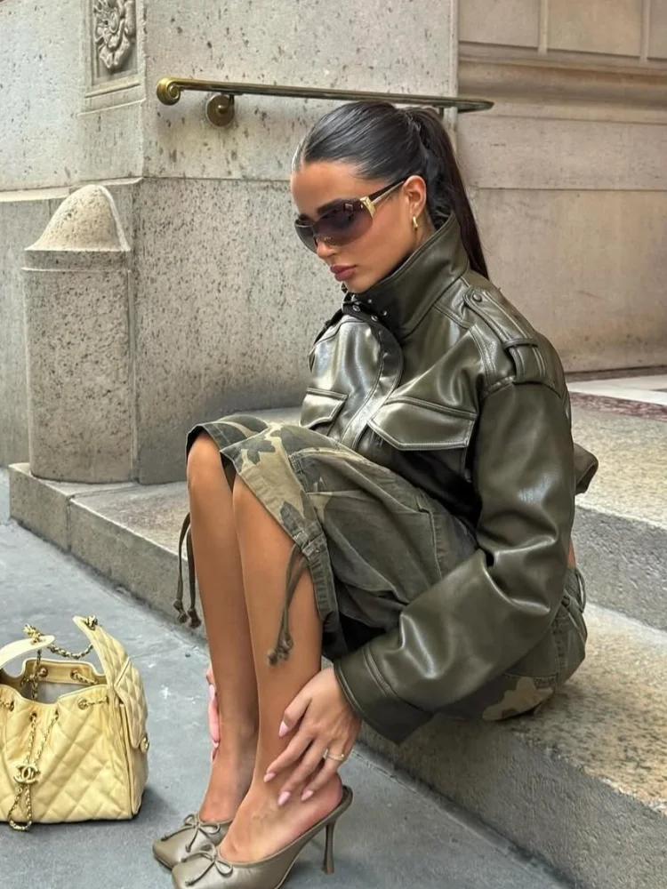 

Women Street Pu Leather Loose Jacket Fashion Solid Full Sleeve Stand Collar Single Breasted Coats Female 2025 Autumn Lady Coat