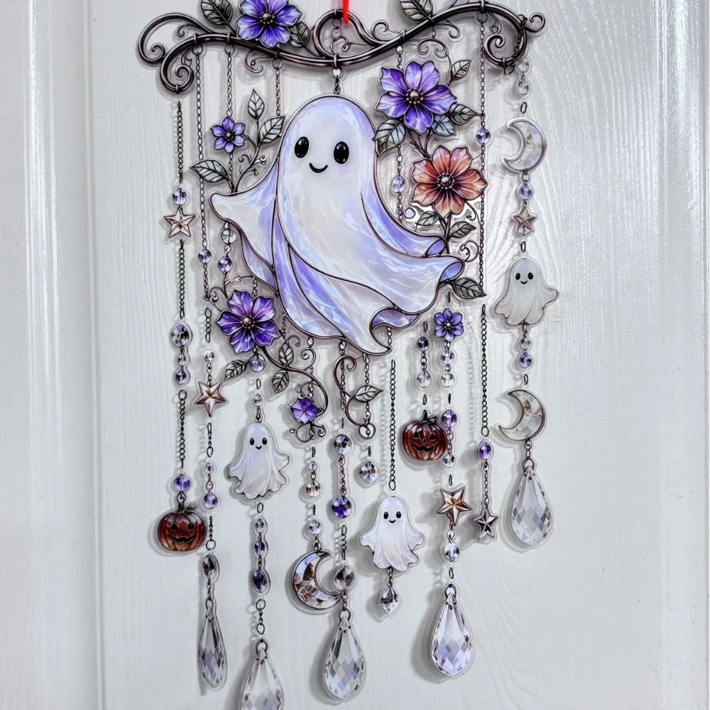 Halloween Themed Crystal Wind Chime Dangling Strands Faceted Teardrops Hanging Ornament Stained Glass Hanging Chain Wind Chime