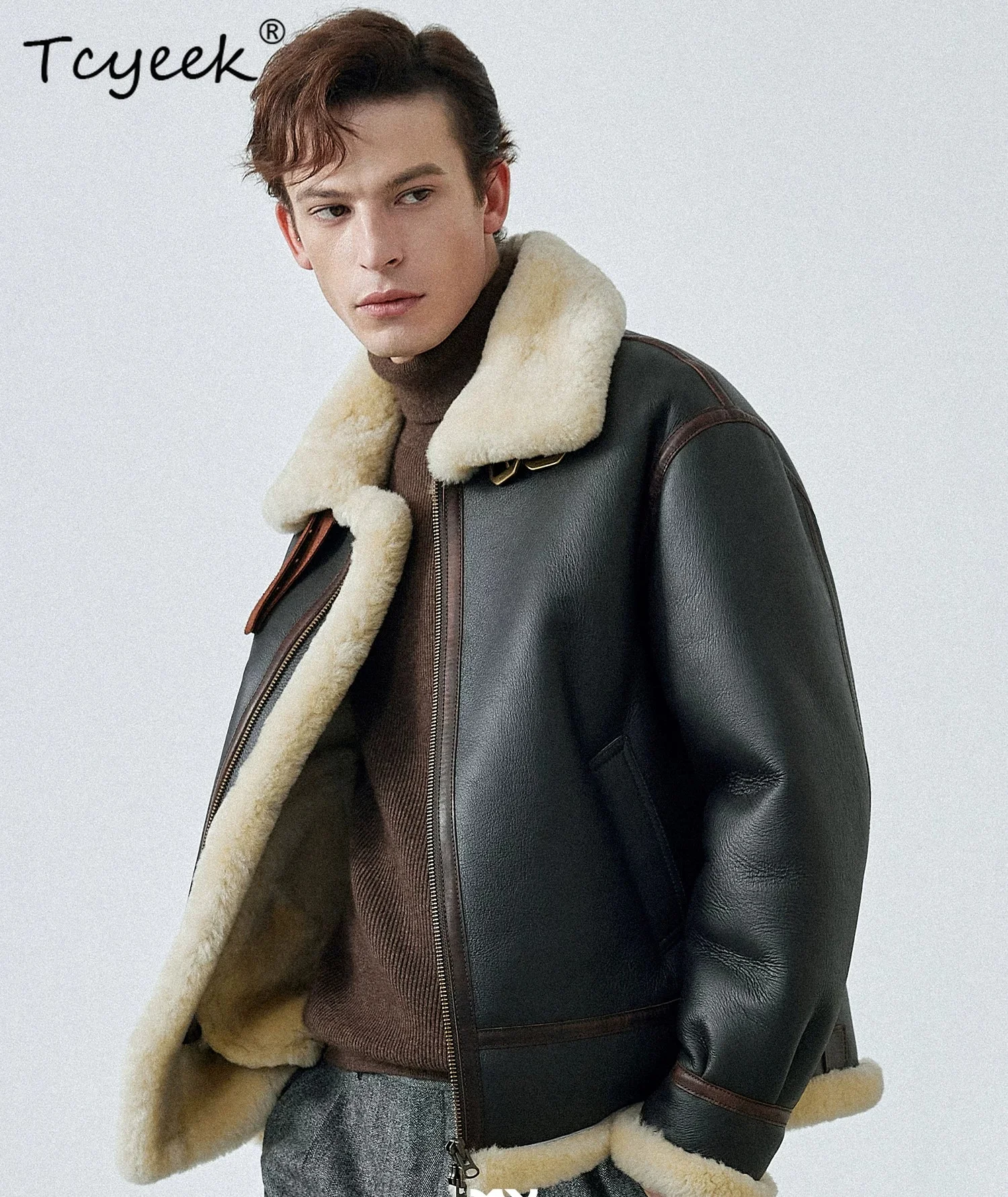 Tcyeek Natural Merino Sheep Fur Coat Men Real Fur Mens Coats Vintage Motorcycle Winter Clothes Real Leather Jacket Cold Proof
