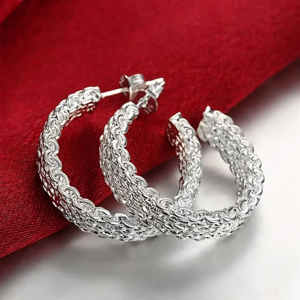 Hot boutique accessories 925 Sterling Silver Fine Weave net Bangle Earrings Bracelets Jewelry Set Fashion Party Wedding Gifts
