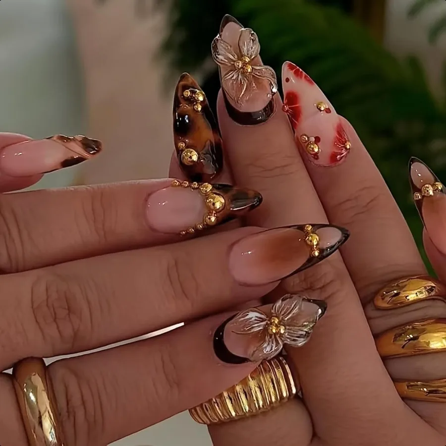 

Medium Almond 3D Brown Gold Flower Pr on Nails Tortoiseshell Leopard French Tip Blossom Gradient Design24Pcs Handmade Fall Autu