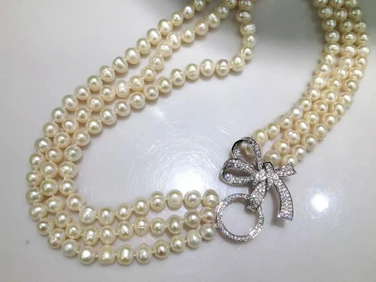 one set 3rows freshwater pearl  white near round 8-9mm nature necklace bracelet 17-19inch FPPJ & zircon hook