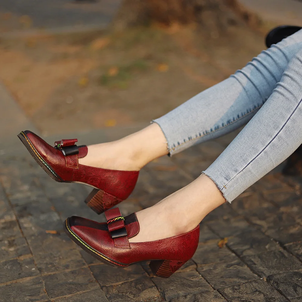 

Spring print casual ladies thick with single shoes new spot retro leather red high heels