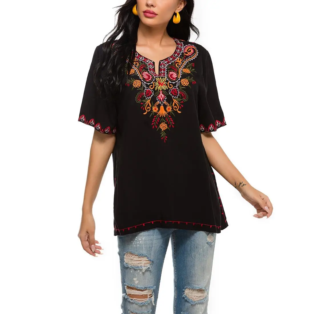 

Women's Embroidered Cotton Top Floral Print Casual irt Spring Summer ort Sve Comfortable Loose Fit T-irt for Ladies