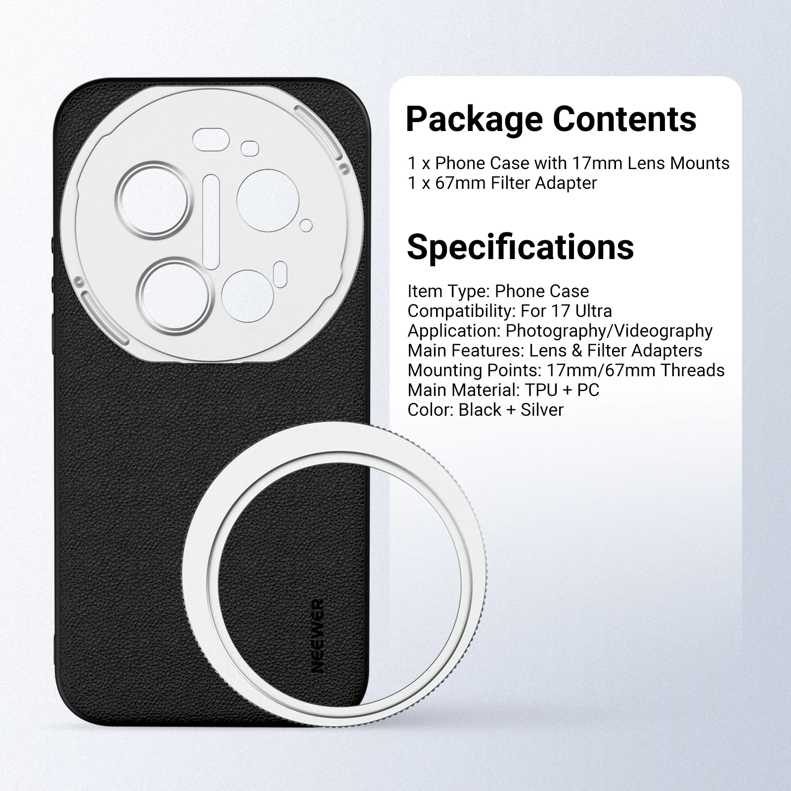 NEEWER Handyhülle für Xiaomi 17 ULTRA, Handycover mit 67mm Gewindefilterring, 17mm Objektiv & T-Mount Objektivrückplatten – Detail 9