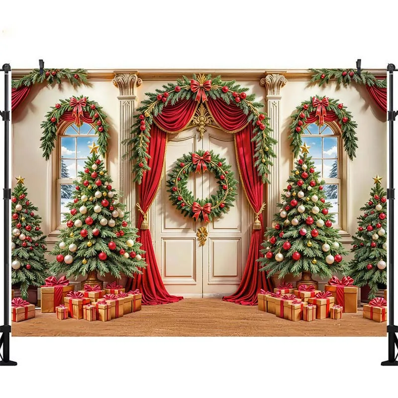 LS Red Xmas Candy Cane Store Background Photography Santa Claus Workshop Gift Snow Backdrop Decor Winter Kid Photo Studio view 4