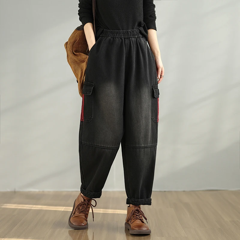 

plus Size Women's Casual Thiened Fce Denim Pants Loose Slimming Harlan Dad Pants High Waist Long Bla Jeans Winter Sle