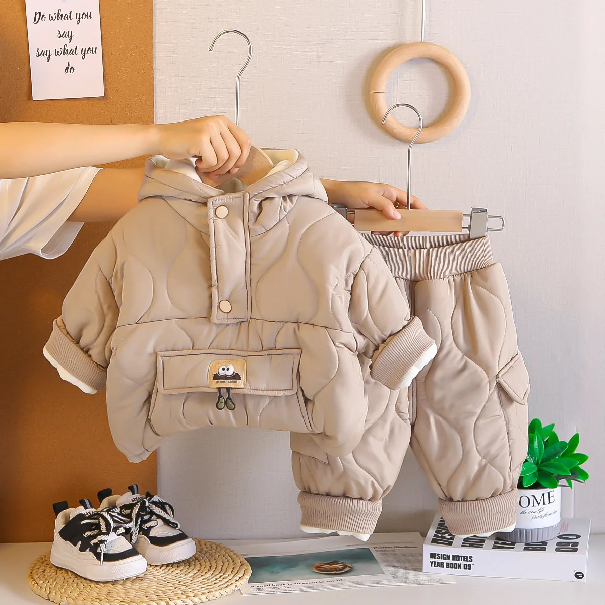 Winter Boys Quilted Jacket Set Warm Hooded Cotton Padded Coat + Pants 2-Piece Outfit for Kids Thickened Fleece Lined Casual  123