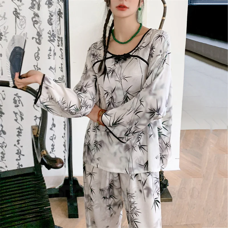

New Chinese Style Classic Elegant Trouser Pijamas Suits Chiffon Satin Pajamas Sleepwear Spring Summer Print Home Wear Loungewear