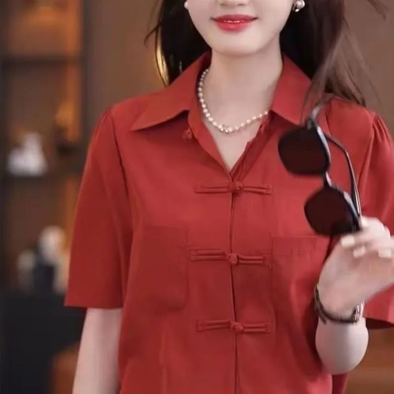 

Women's 2024 Summer New Combination Turndown Collar Button Pocket Fashion Solid Color Slim Simple Casual Short Sleeved Shirts