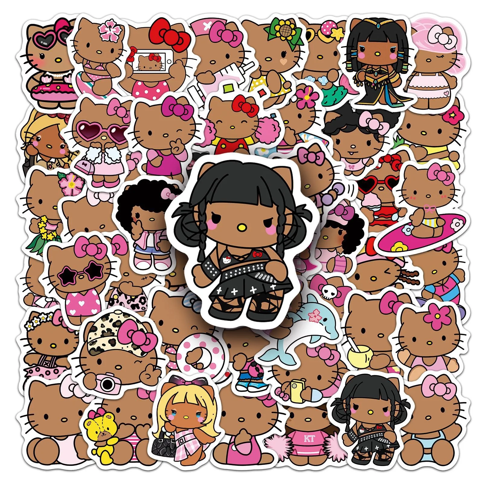 

10/50PCS Cute Black Skin Hello Kitty Cartoon Stickers DIY Decoration PVC Waterproof Skateboard Notebook Graffiti Kids Gift Toy