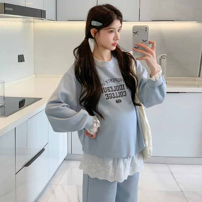 Maternity Set Autumn New Korean Style Casual Age Reducing Loose Patchwork Lace Printed Sweatshirt and Pants Two Piece Set