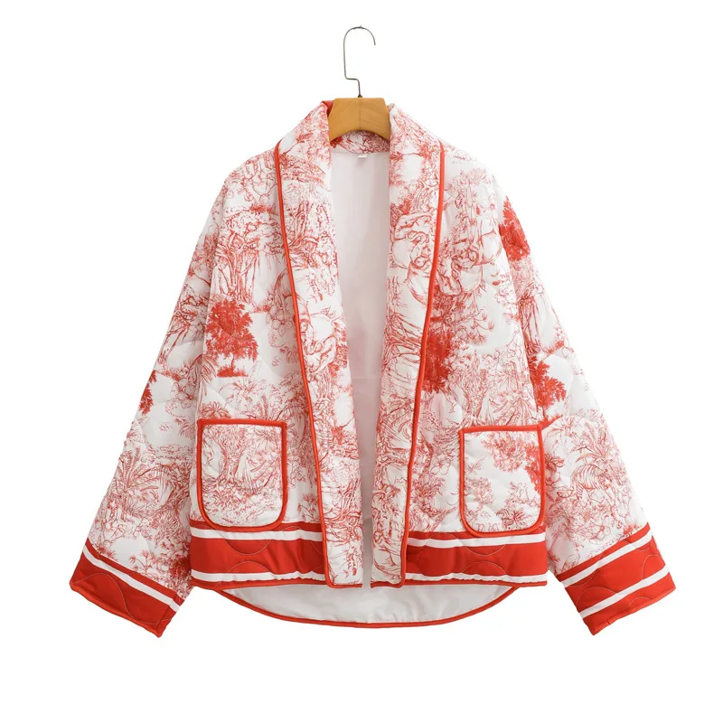 Printed Double Pocket Decorated Cotton Jacket For Women's Autumn/winter 2023 Fashion Cotton Jacket