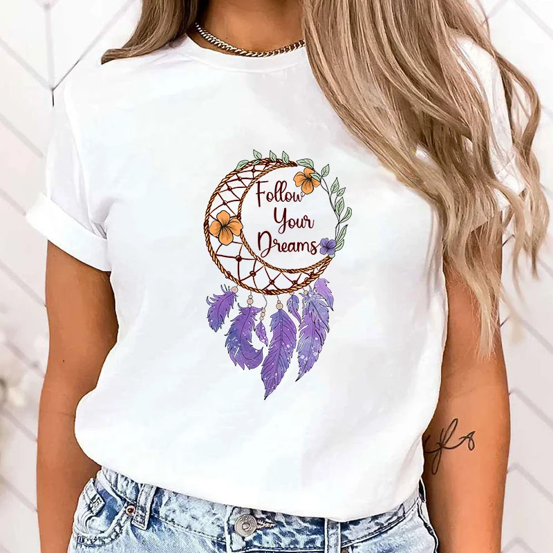 (Premium T-shirt)Hot Follow Your Dreams Dreamcatcher Printed T-Shirts For Women Summer Short Sleeve Tee Shirts Round Neck