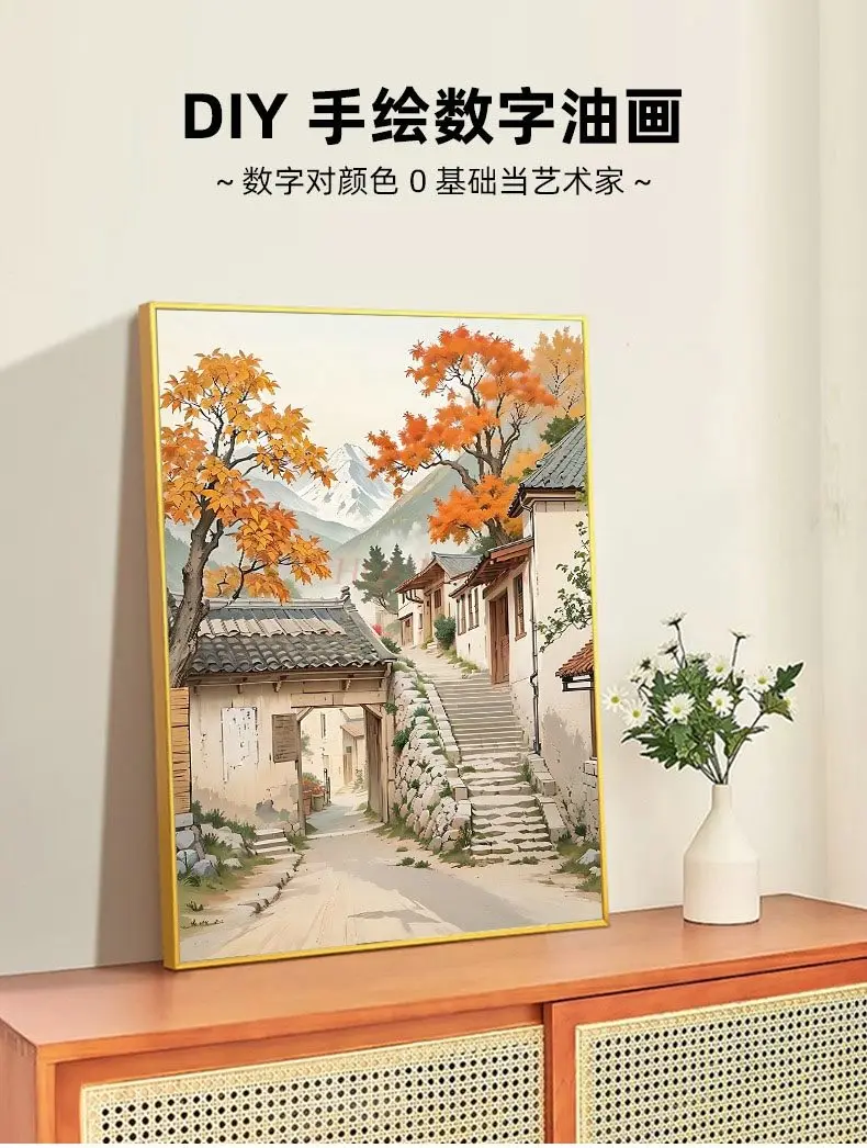 1set Ancient style town oil painting DIY filled acrylic painting hand drawn graffiti filled color digital oil painting