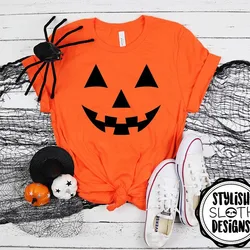 T-shirts de halloween cor-de-laranja engraçado das mulheres da cara de abóbora camiseta causal streetwear queda bruxa gráfico t roupas femininas festival