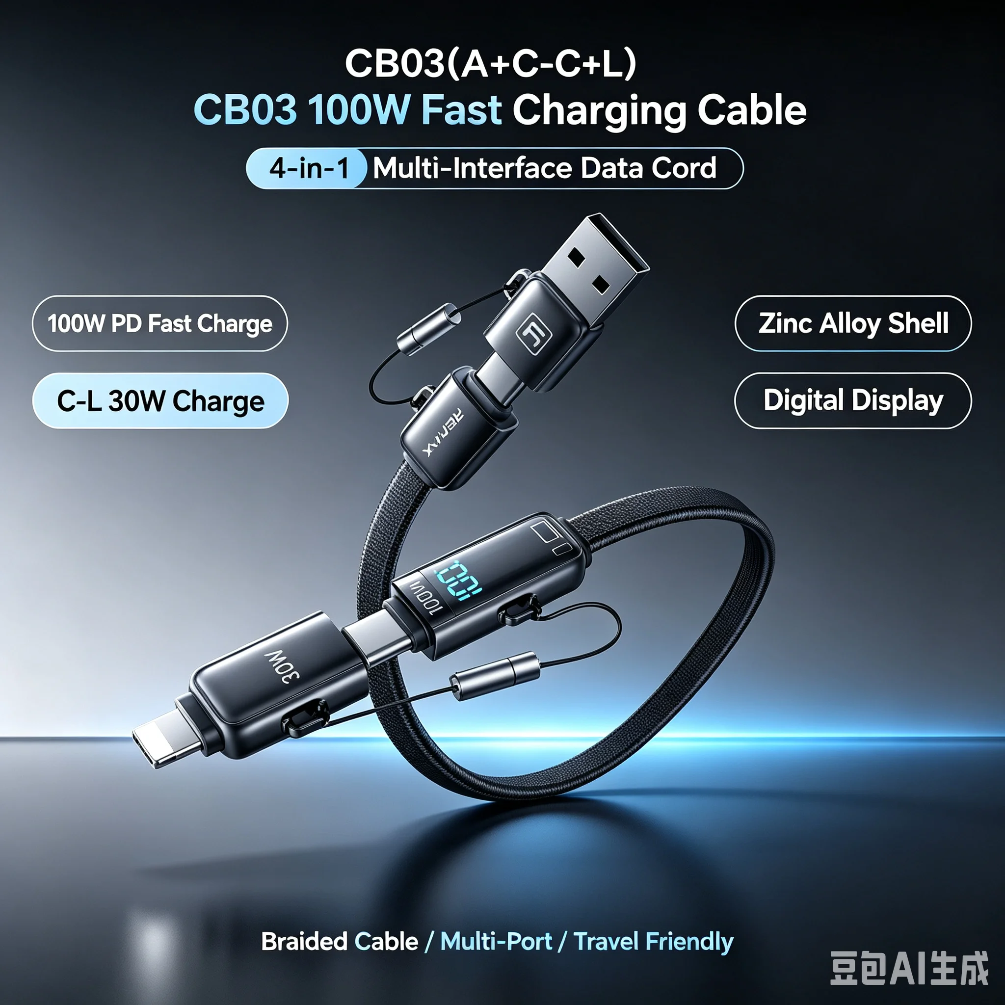 REMAX CB03 4‑in‑1 Digital DisplayCharging Cable Zinc Alloy Braided Flat PD Charging Cord USB‑A Type‑C