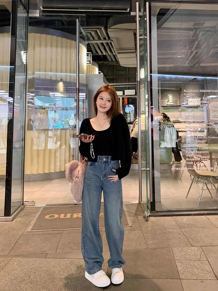 

Прямые джинсы с высокой талией, женские джинсы премиум-класса, осенние новые длинные узкие широкие брюки с высокой талией, женские джинсовые джинсы