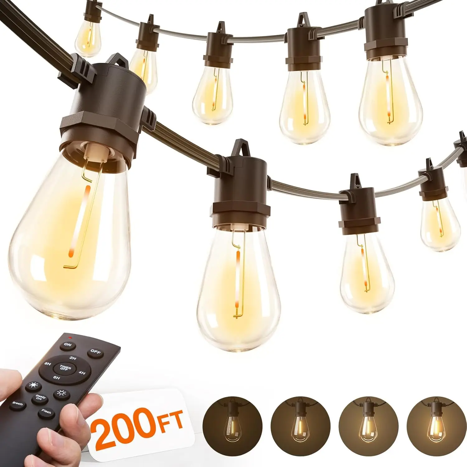 

200FT LED Outdoor String Lights with Remote, Dimmable, Timer, 3 Modes, 64 Shatterproof Bulbs, Waterproof, Connectable for Patio Backyard Party
