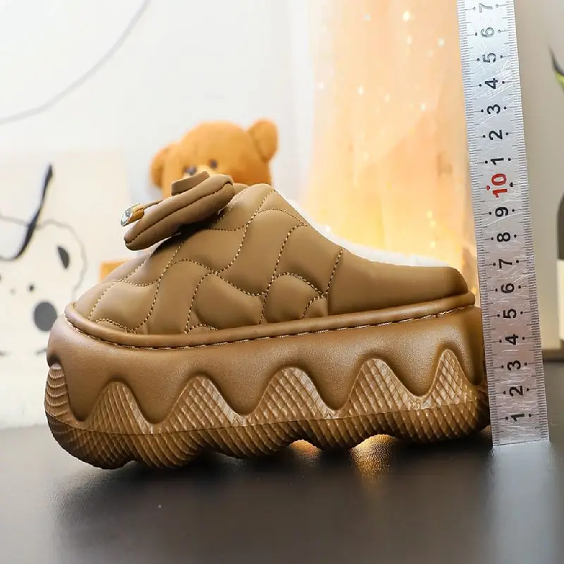 Thick High Heels 6cm Bow Slippers Female PU leather Fur Slides Woman Butterfly-know Plush Clogs 2025 Women's home slippers