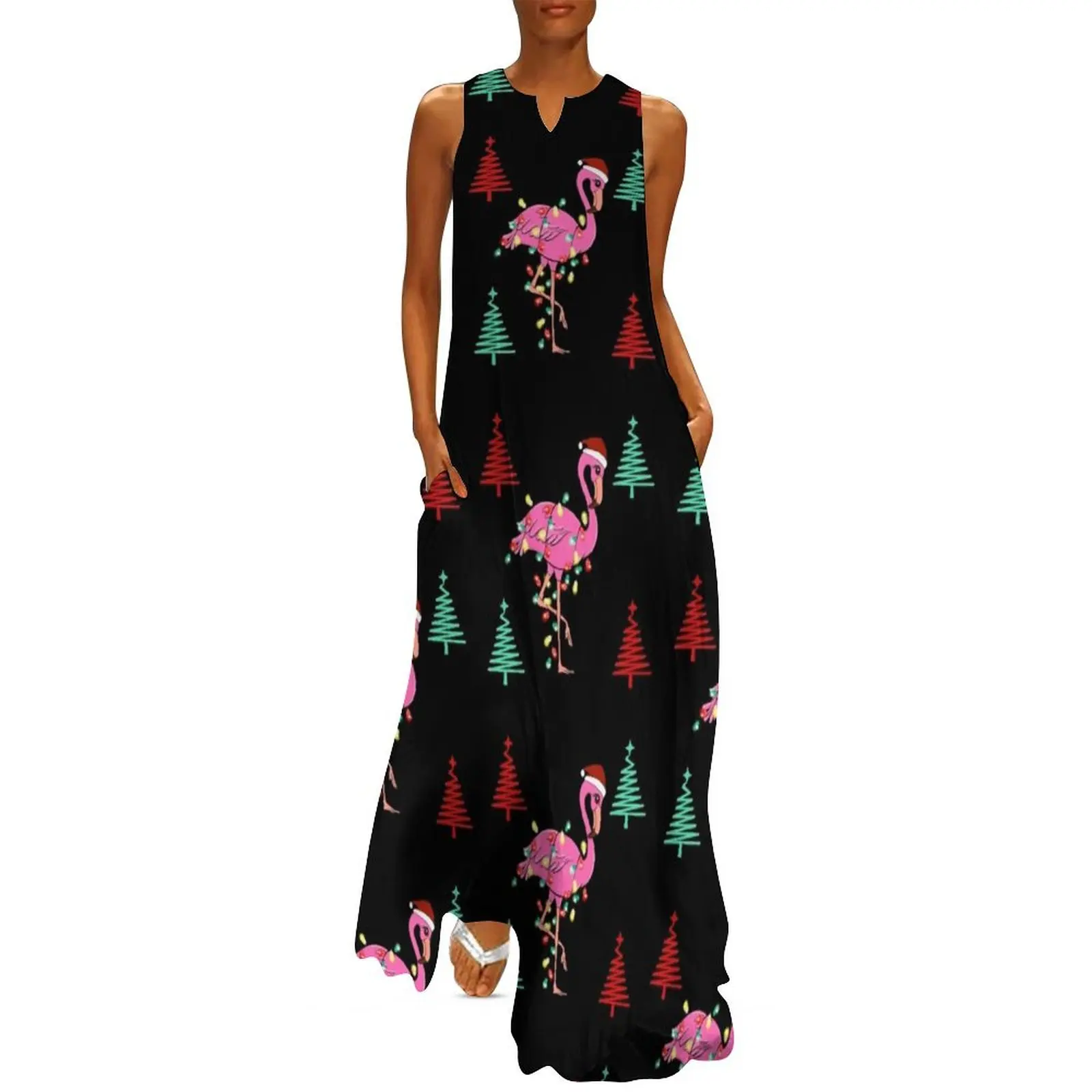 

Tropical Christmas Lights Santa Pink Flamingo Long Dress women"s fashion dresses sexy dress for women