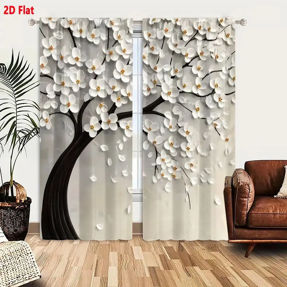 2Pcs Curtains 2D Flat Artistic Tree With Dark Brown Twisting Trunk White Flowers Delicate Petals Yellow Center Light Gray Backgr