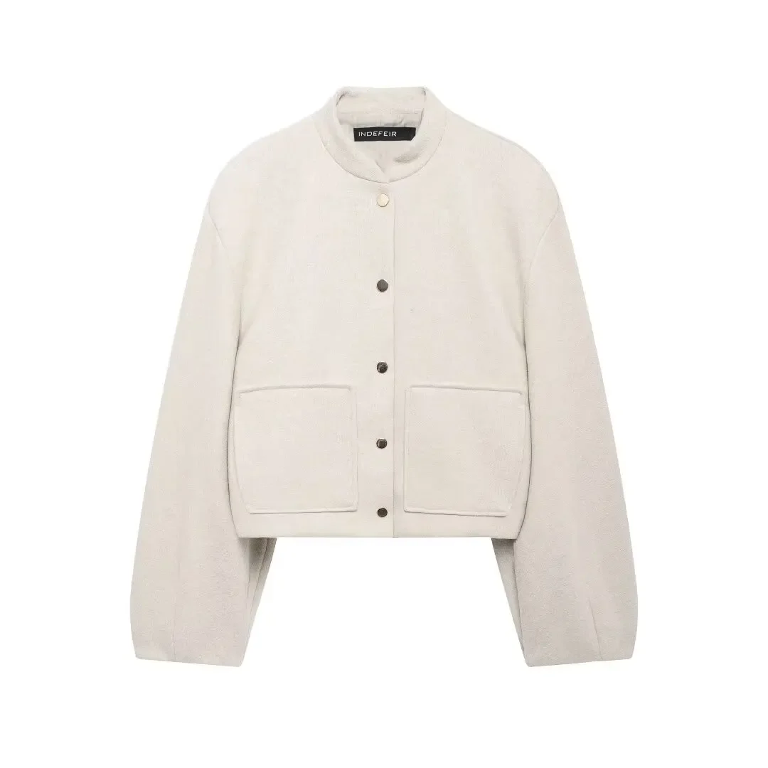 BWQ Women Autumn Winter Button Decorated Patch Pockets Soft Short Bomber Jacket Female Long Sleeve High Street Casual Coat