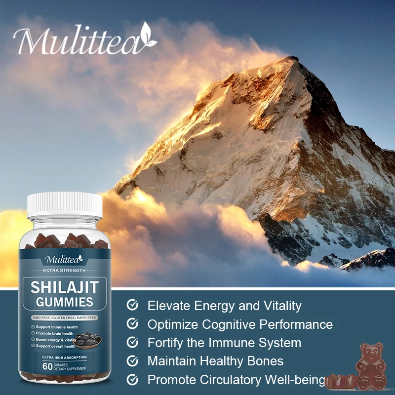 Mulittea Pure Organic 100% Shilajit Gummies avec 85 + Trace nap& Fulvic Acid Support Energy and Immune Male Hormone